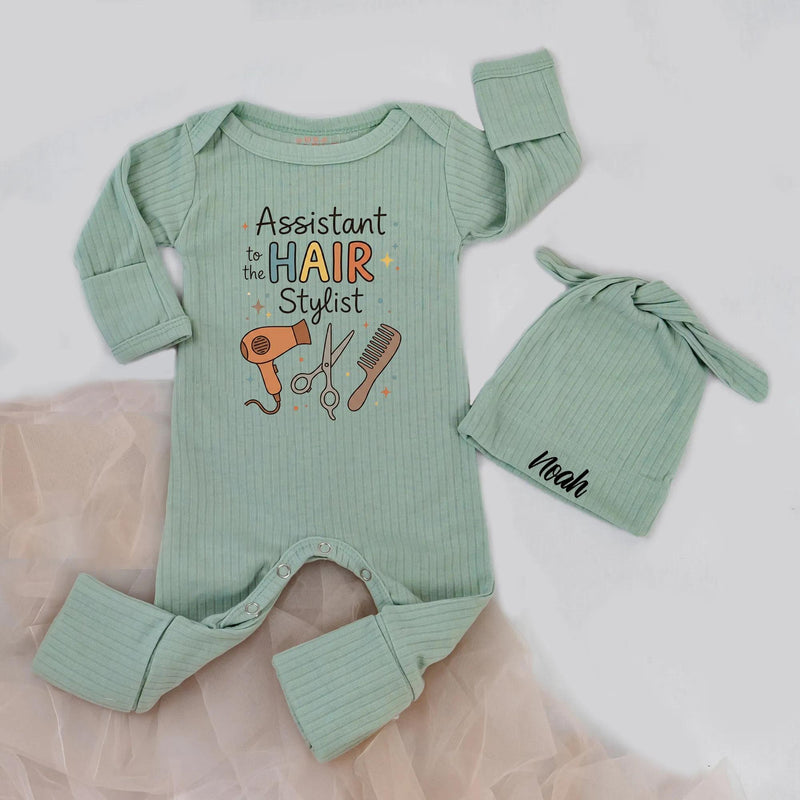 Custom Assistant to Hair Stylist Baby Bodysuit with Name Hat, Soft Cotton Romper for Newborns, Personalized Baby Gift for Hairstylist Moms