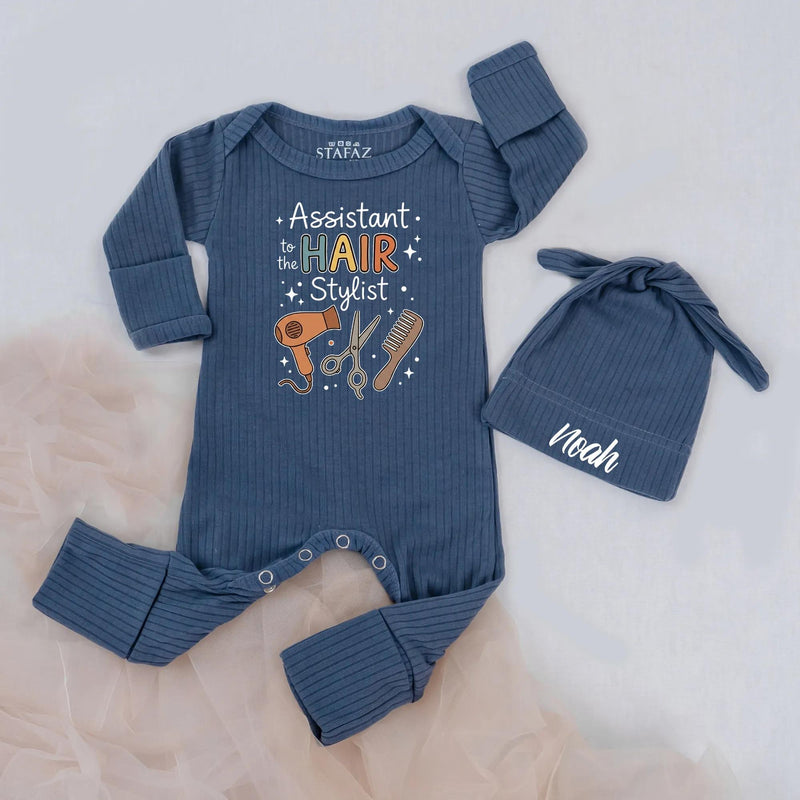 Custom Assistant to Hair Stylist Baby Bodysuit with Name Hat, Soft Cotton Romper for Newborns, Personalized Baby Gift for Hairstylist Moms