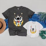 Custom Astronaut Swinging Moon Bodysuit and Matching Family Space Adventure Shirts for Baby, Toddler, Mom, Dad - Soft Cotton Seasonal Outfit