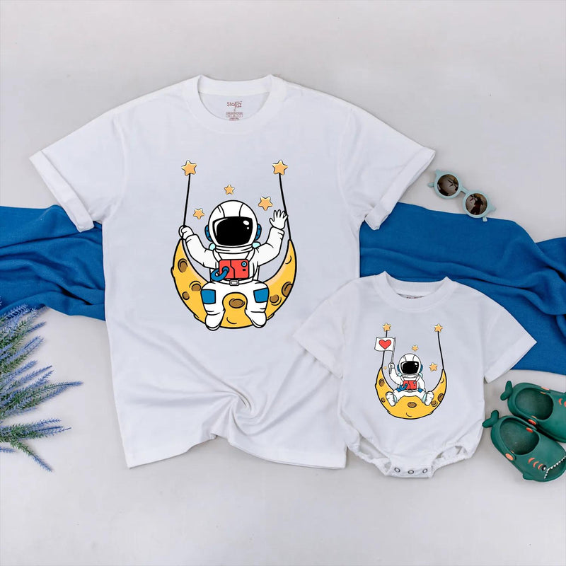 Custom Astronaut Swinging Moon Bodysuit and Matching Family Space Adventure Shirts for Baby, Toddler, Mom, Dad - Soft Cotton Seasonal Outfit