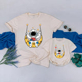 Custom Astronaut Swinging Moon Bodysuit and Matching Family Space Adventure Shirts for Baby, Toddler, Mom, Dad - Soft Cotton Seasonal Outfit