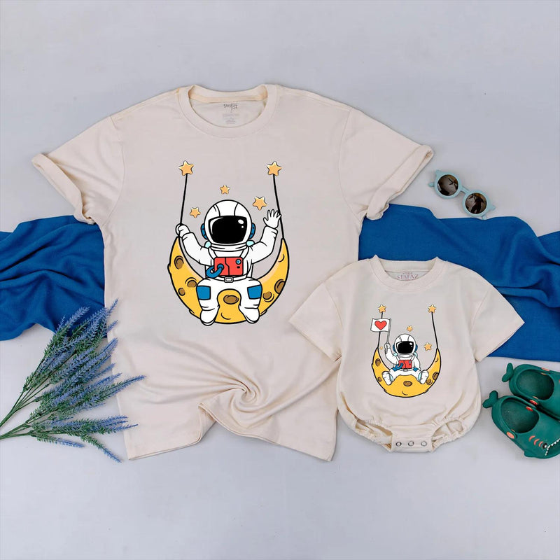 Custom Astronaut Swinging Moon Bodysuit and Matching Family Space Adventure Shirts for Baby, Toddler, Mom, Dad - Soft Cotton Seasonal Outfit