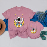 Custom Astronaut Swinging Moon Bodysuit and Matching Family Space Adventure Shirts for Baby, Toddler, Mom, Dad - Soft Cotton Seasonal Outfit