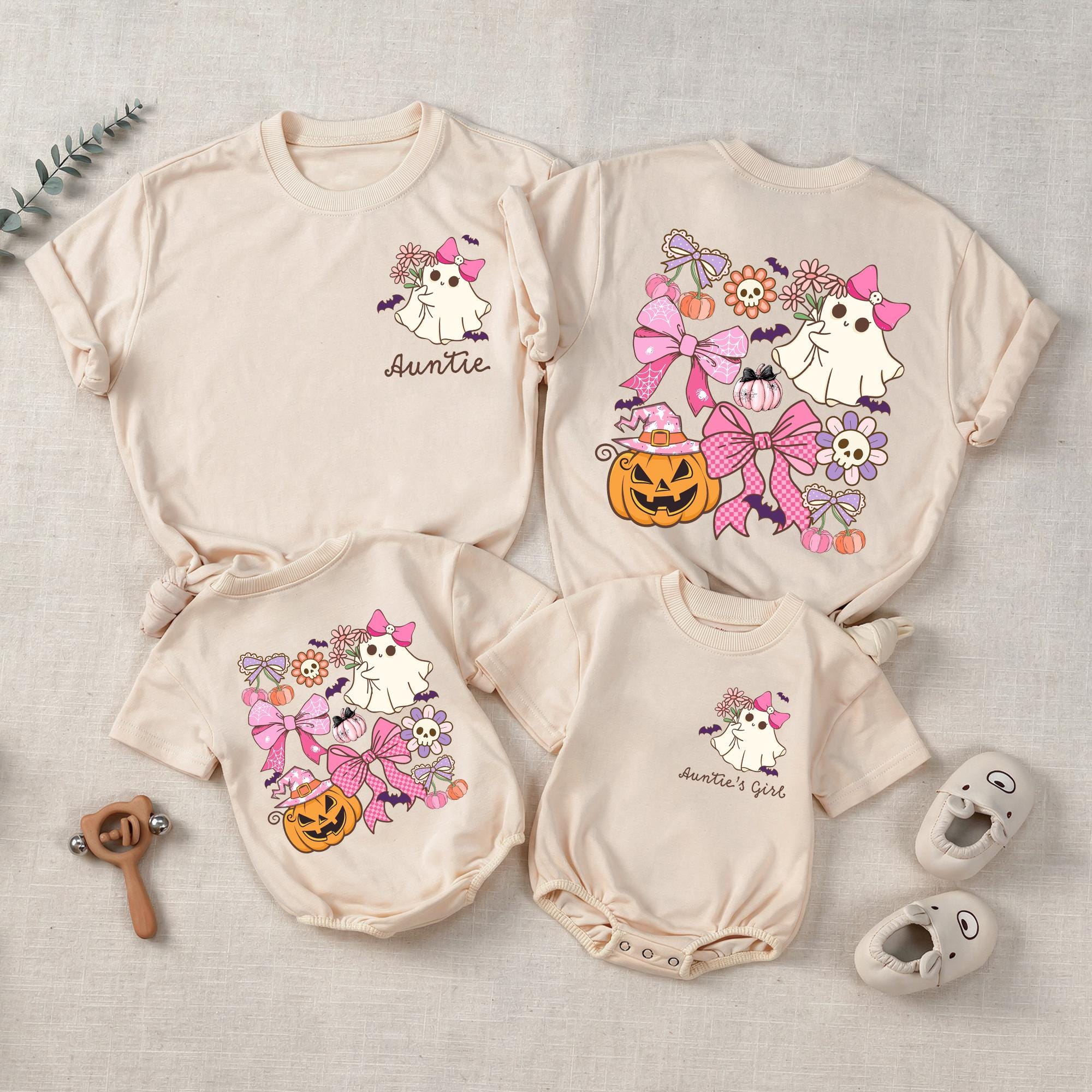 Custom Auntie and Auntie's Girl Halloween Shirts with Cute Ghosts, Pink Bows, Pumpkins, Soft Cotton Romper & Tees for Baby, Kids, Adults