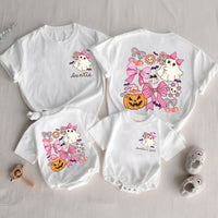 Custom Auntie and Auntie's Girl Halloween Shirts with Cute Ghosts, Pink Bows, Pumpkins, Soft Cotton Romper & Tees for Baby, Kids, Adults