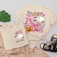 Custom Auntie and Auntie's Girl Halloween Shirts with Cute Ghosts, Pink Bows, Pumpkins, Soft Cotton Romper & Tees for Baby, Kids, Adults