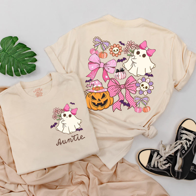 Custom Auntie and Auntie's Girl Halloween Shirts with Cute Ghosts, Pink Bows, Pumpkins, Soft Cotton Romper & Tees for Baby, Kids, Adults