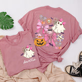 Custom Auntie and Auntie's Girl Halloween Shirts with Cute Ghosts, Pink Bows, Pumpkins, Soft Cotton Romper & Tees for Baby, Kids, Adults