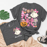 Custom Auntie and Auntie's Girl Halloween Shirts with Cute Ghosts, Pink Bows, Pumpkins, Soft Cotton Romper & Tees for Baby, Kids, Adults