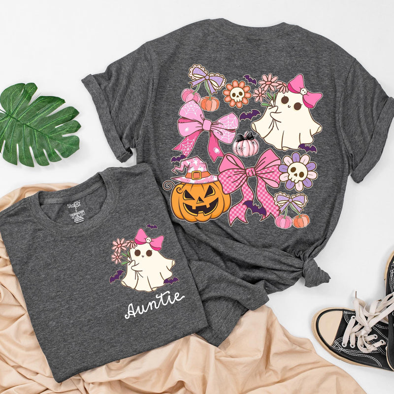 Custom Auntie and Auntie's Girl Halloween Shirts with Cute Ghosts, Pink Bows, Pumpkins, Soft Cotton Romper & Tees for Baby, Kids, Adults