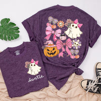 Custom Auntie and Auntie's Girl Halloween Shirts with Cute Ghosts, Pink Bows, Pumpkins, Soft Cotton Romper & Tees for Baby, Kids, Adults