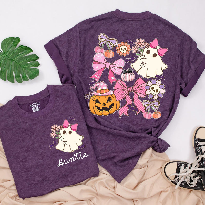 Custom Auntie and Auntie's Girl Halloween Shirts with Cute Ghosts, Pink Bows, Pumpkins, Soft Cotton Romper & Tees for Baby, Kids, Adults
