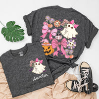 Custom Auntie and Auntie's Girl Halloween Shirts with Cute Ghosts, Pink Bows, Pumpkins, Soft Cotton Romper & Tees for Baby, Kids, Adults