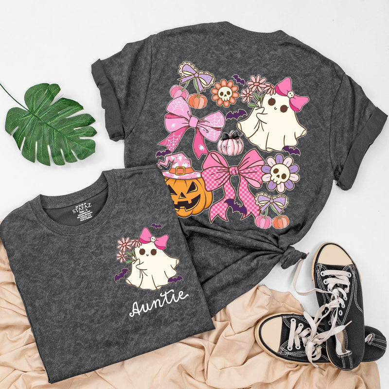 Custom Auntie and Auntie's Girl Halloween Shirts with Cute Ghosts, Pink Bows, Pumpkins, Soft Cotton Romper & Tees for Baby, Kids, Adults