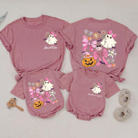 Custom Auntie and Auntie's Girl Halloween Shirts with Cute Ghosts, Pink Bows, Pumpkins, Soft Cotton Romper & Tees for Baby, Kids, Adults