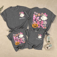 Custom Auntie and Auntie's Girl Halloween Shirts with Cute Ghosts, Pink Bows, Pumpkins, Soft Cotton Romper & Tees for Baby, Kids, Adults