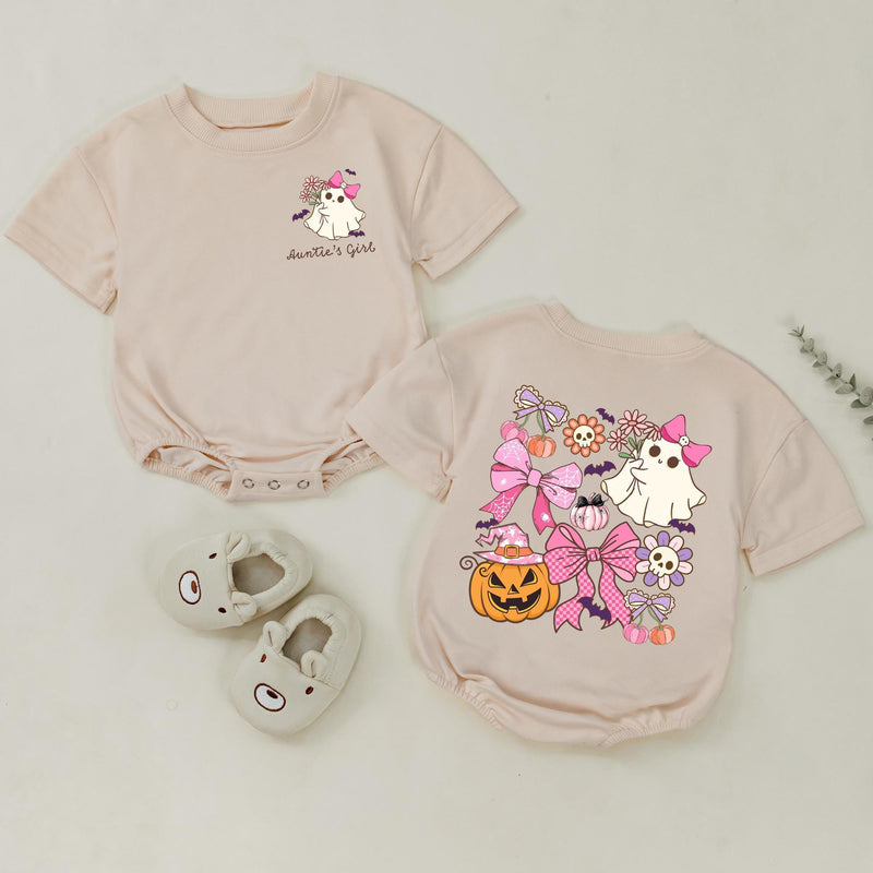 Custom Auntie and Auntie's Girl Halloween Shirts with Cute Ghosts, Pink Bows, Pumpkins, Soft Cotton Romper & Tees for Baby, Kids, Adults