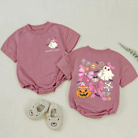 Custom Auntie and Auntie's Girl Halloween Shirts with Cute Ghosts, Pink Bows, Pumpkins, Soft Cotton Romper & Tees for Baby, Kids, Adults