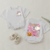 Custom Auntie and Auntie's Girl Halloween Shirts with Cute Ghosts, Pink Bows, Pumpkins, Soft Cotton Romper & Tees for Baby, Kids, Adults