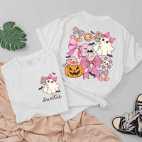 Custom Auntie and Auntie's Girl Halloween Shirts with Cute Ghosts, Pink Bows, Pumpkins, Soft Cotton Romper & Tees for Baby, Kids, Adults