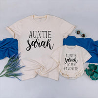 Custom Auntie and Baby Matching Shirt & Romper Set, Auntie Sarah Quote, Soft Cotton Family Outfit for Baby Shower or Birthday Gift