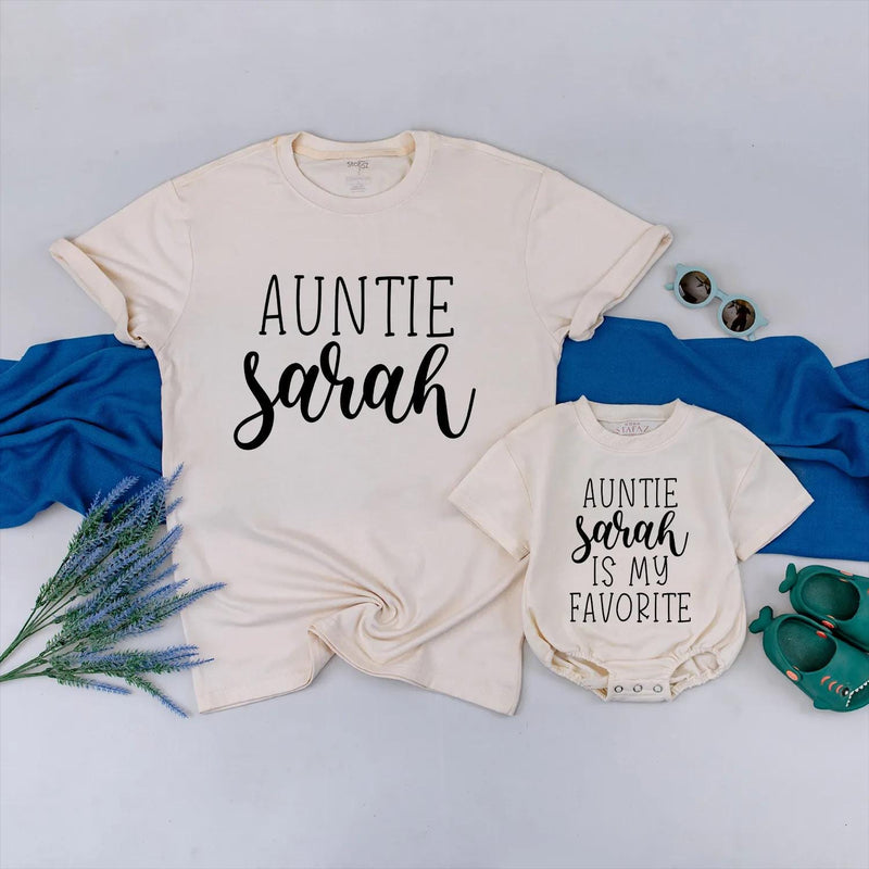 Custom Auntie and Baby Matching Shirt & Romper Set, Auntie Sarah Quote, Soft Cotton Family Outfit for Baby Shower or Birthday Gift