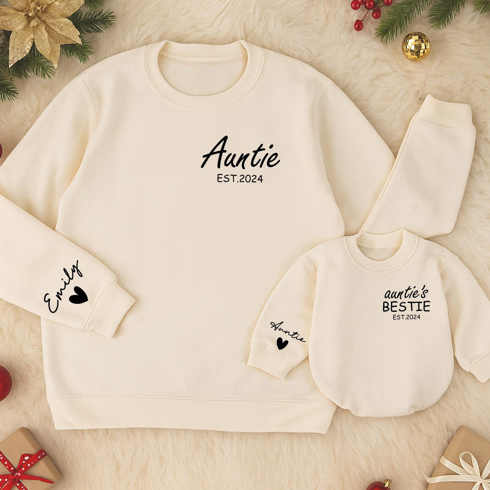 Custom Auntie and Baby Matching Sweatshirts with Names Heart Detail EST.2024 Personalized Gift for New Aunt and Bestie Baby Outfit