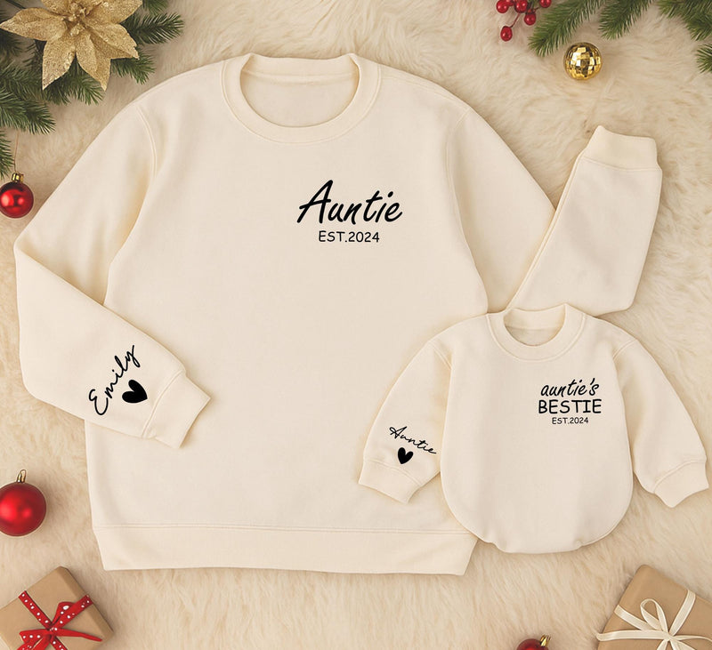 Custom Auntie and Baby Matching Sweatshirts with Names Heart Detail EST.2024 Personalized Gift for New Aunt and Bestie Baby Outfit