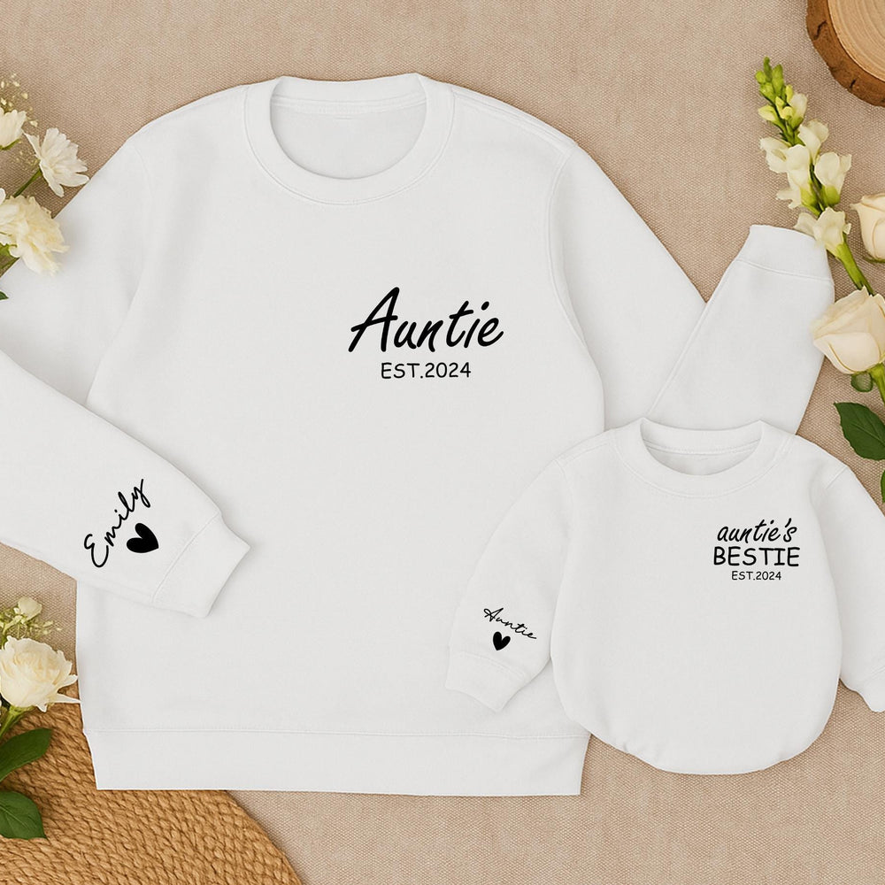 Custom Auntie and Baby Matching Sweatshirts with Names Heart Detail EST.2024 Personalized Gift for New Aunt and Bestie Baby Outfit