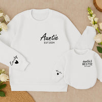 Custom Auntie and Baby Matching Sweatshirts with Names Heart Detail EST.2024 Personalized Gift for New Aunt and Bestie Baby Outfit