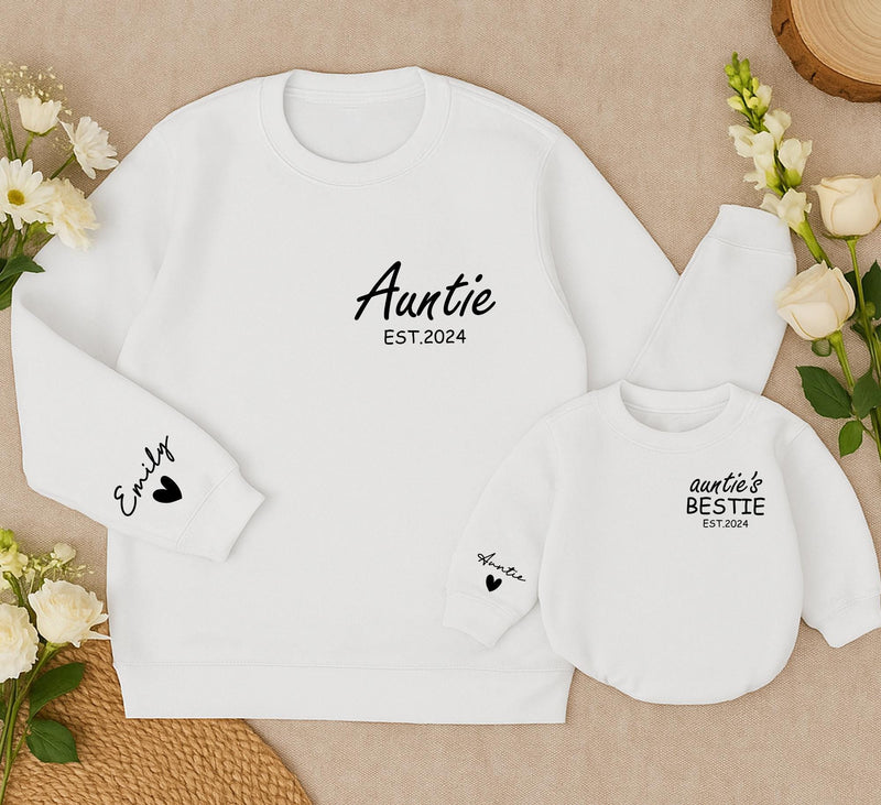 Custom Auntie and Baby Matching Sweatshirts with Names Heart Detail EST.2024 Personalized Gift for New Aunt and Bestie Baby Outfit
