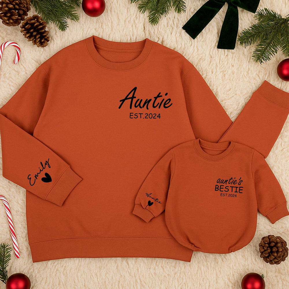 Custom Auntie and Baby Matching Sweatshirts with Names Heart Detail EST.2024 Personalized Gift for New Aunt and Bestie Baby Outfit