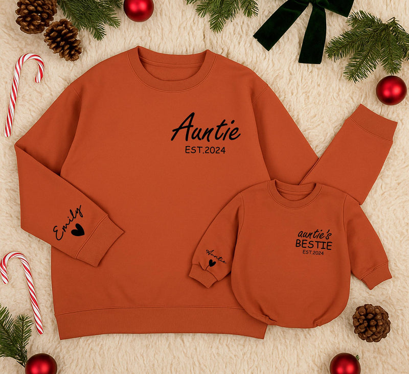Custom Auntie and Baby Matching Sweatshirts with Names Heart Detail EST.2024 Personalized Gift for New Aunt and Bestie Baby Outfit