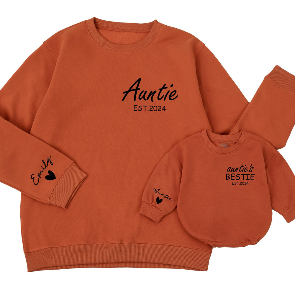 Custom Auntie and Baby Matching Sweatshirts with Names Heart Detail EST.2024 Personalized Gift for New Aunt and Bestie Baby Outfit