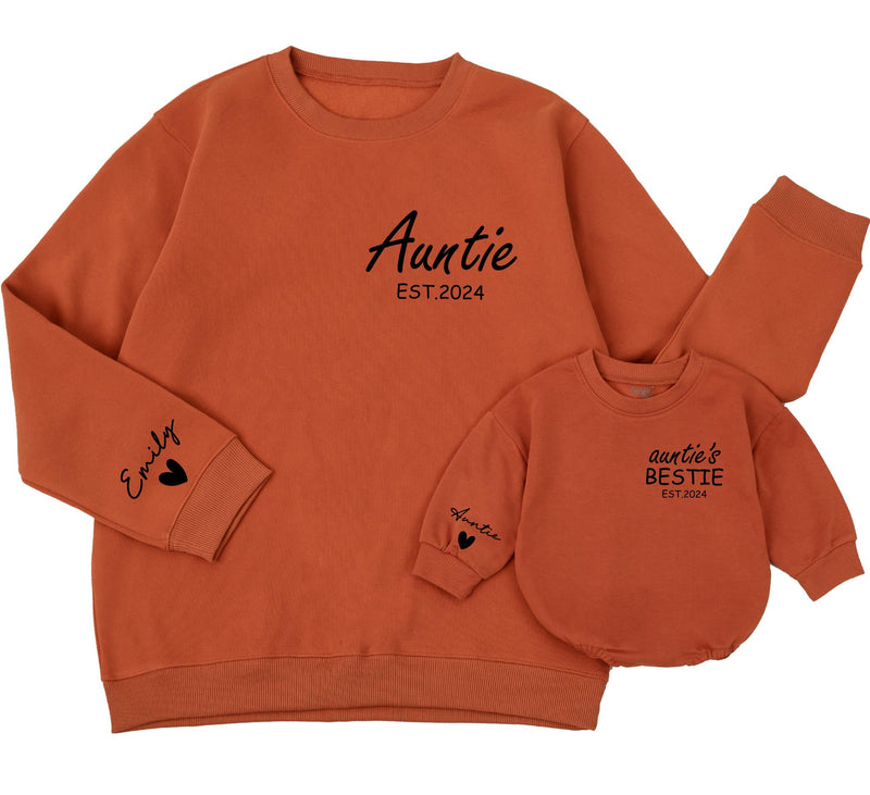 Custom Auntie and Baby Matching Sweatshirts with Names Heart Detail EST.2024 Personalized Gift for New Aunt and Bestie Baby Outfit