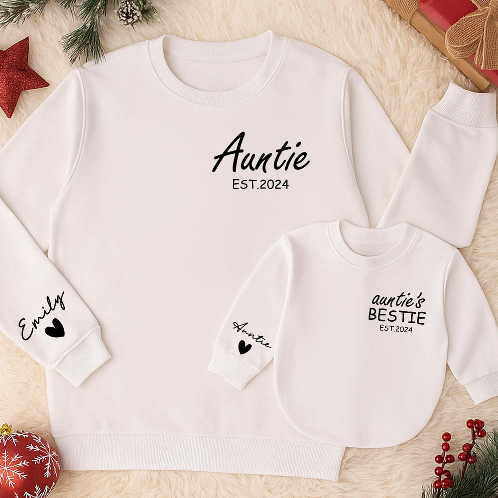 Custom Auntie and Baby Matching Sweatshirts with Names Heart Detail EST.2024 Personalized Gift for New Aunt and Bestie Baby Outfit