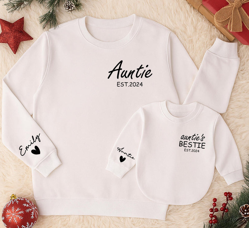 Custom Auntie and Baby Matching Sweatshirts with Names Heart Detail EST.2024 Personalized Gift for New Aunt and Bestie Baby Outfit