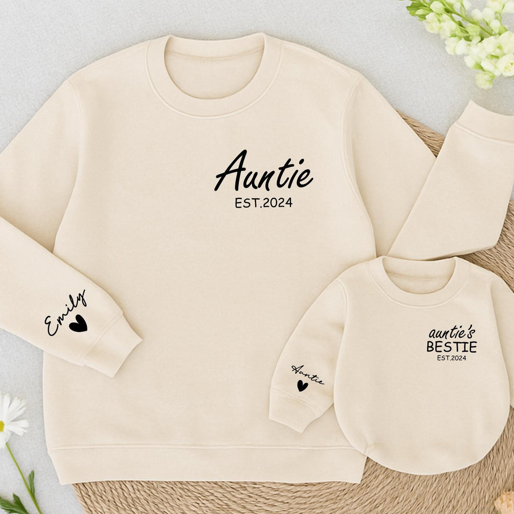 Custom Auntie and Baby Matching Sweatshirts with Names Heart Detail EST.2024 Personalized Gift for New Aunt and Bestie Baby Outfit