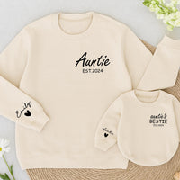 Custom Auntie and Baby Matching Sweatshirts with Names Heart Detail EST.2024 Personalized Gift for New Aunt and Bestie Baby Outfit