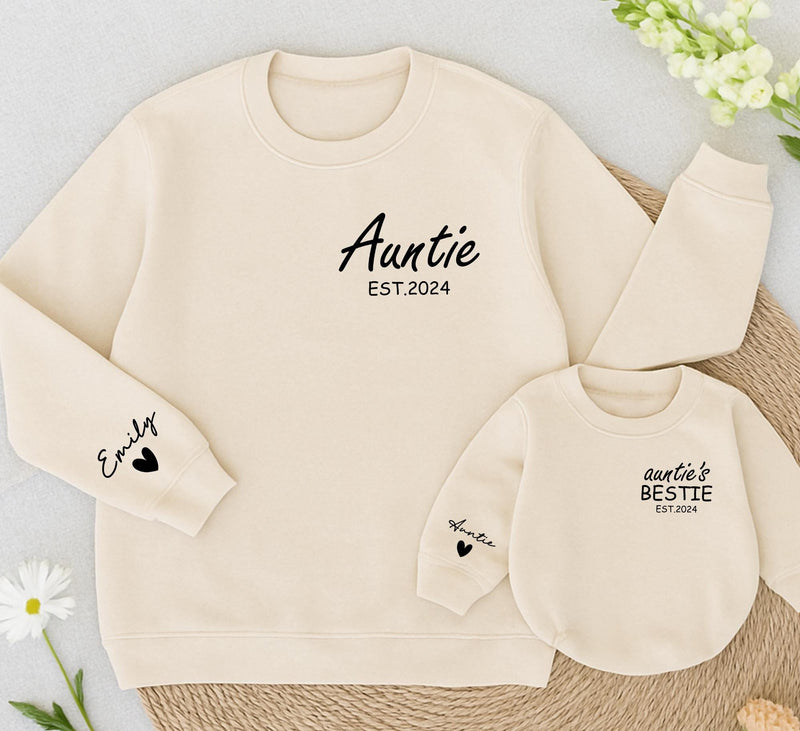 Custom Auntie and Baby Matching Sweatshirts with Names Heart Detail EST.2024 Personalized Gift for New Aunt and Bestie Baby Outfit