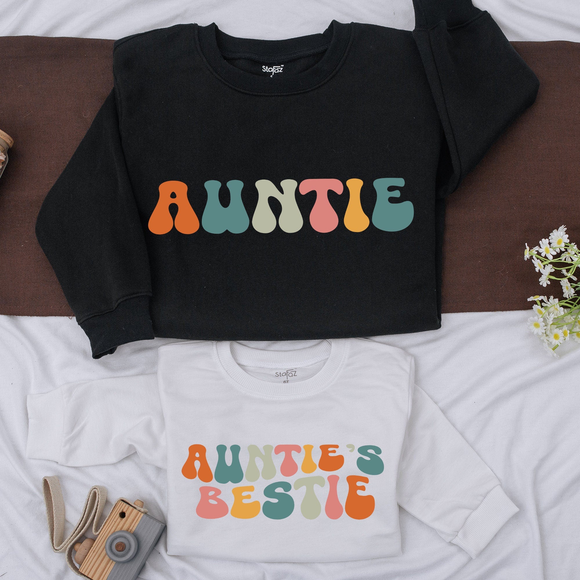 Custom Auntie and Bestie Sweatshirts Colorful Retro Design Matching Family Cotton Soft Comfy Toddler Baby Casual Holiday Gift