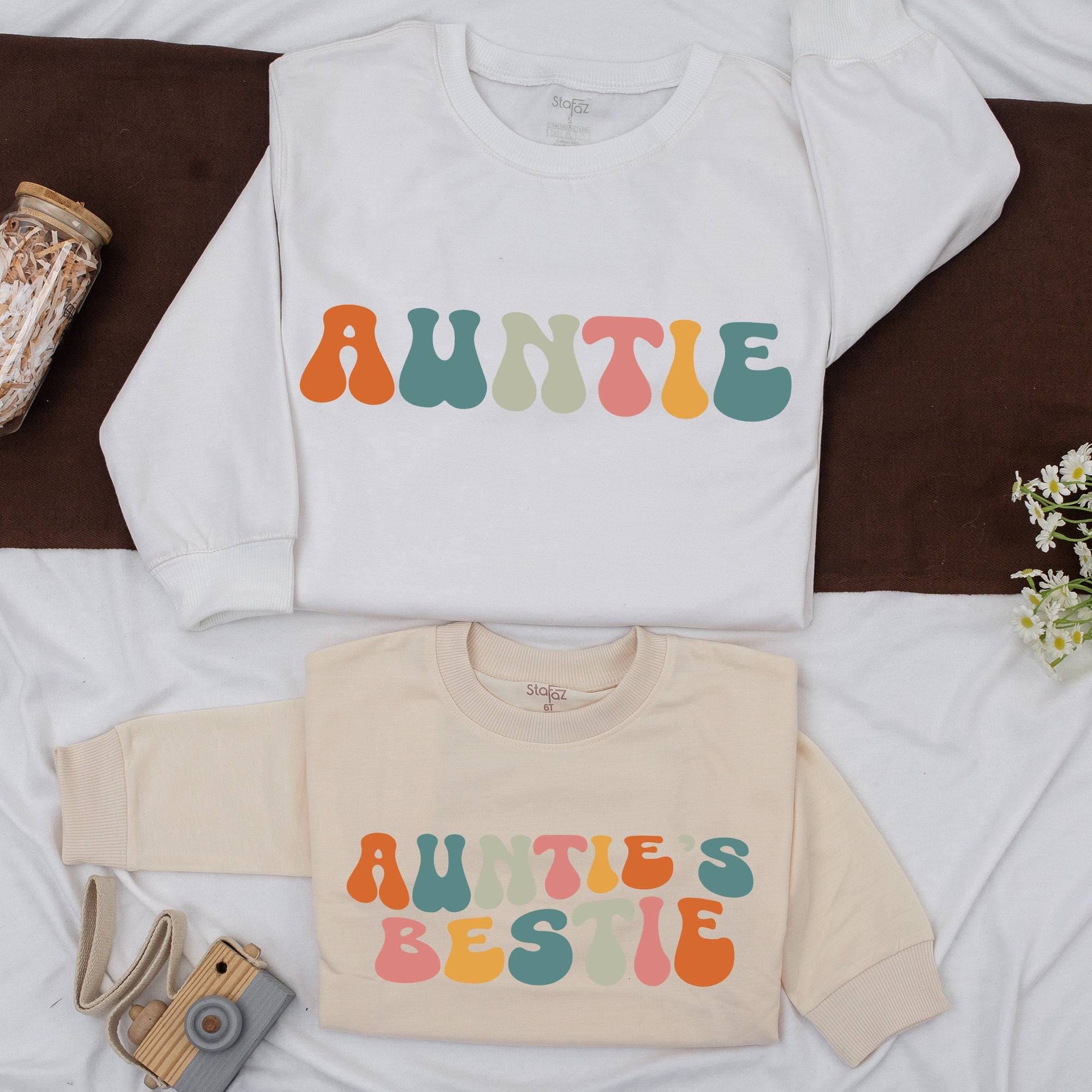 Custom Auntie and Bestie Sweatshirts Colorful Retro Design Matching Family Cotton Soft Comfy Toddler Baby Casual Holiday Gift