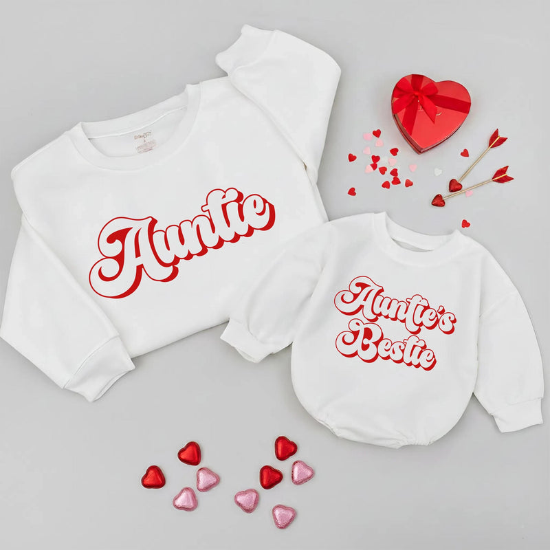Custom Auntie and Niece Matching Shirts with Bold Red Script, Soft Cotton Sweatshirts for Valentine's Day, Family Bond Gift for All Ages