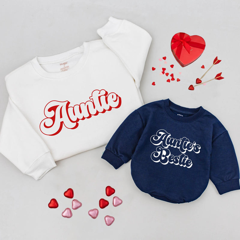 Custom Auntie and Niece Matching Shirts with Bold Red Script, Soft Cotton Sweatshirts for Valentine's Day, Family Bond Gift for All Ages