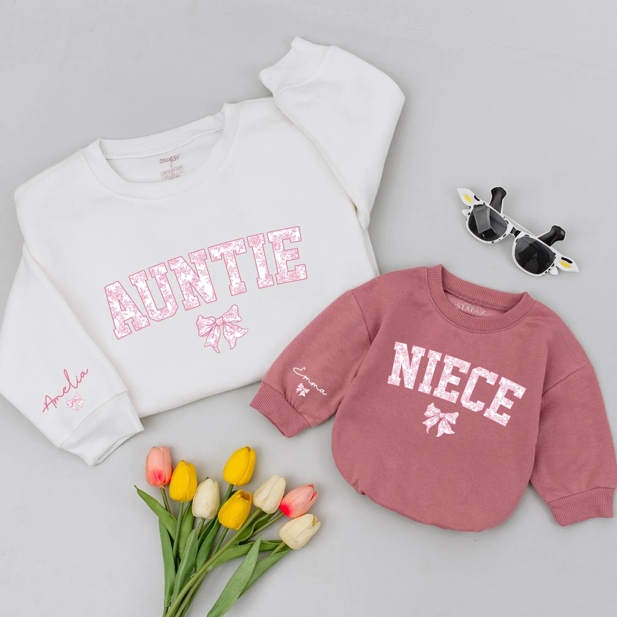 Custom Auntie and Niece Sweatshirts with Pink Floral Bow Design Personalized Gift for Family Matching Outfits Coquette Style Cotton Sweaters