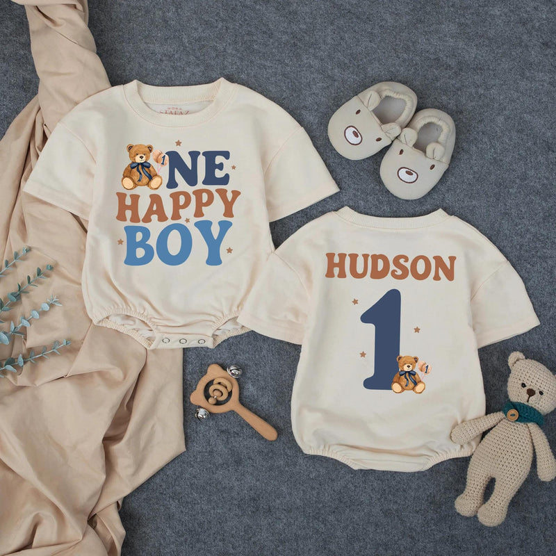 Custom Baby 1st Birthday Bubble Romper with Beary First Teddy Bear Artwork, Matching Family Outfit, Soft Cotton for Cake Smash Photos