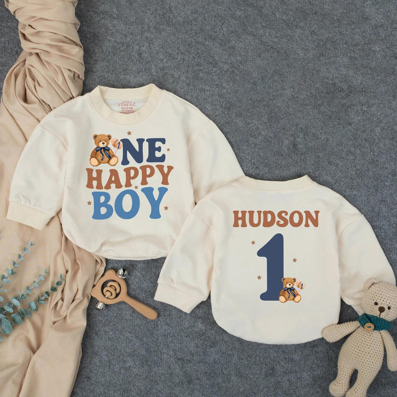 Custom Baby 1st Birthday Bubble Romper with Beary First Teddy Bear Artwork, Matching Family Outfit, Soft Cotton for Cake Smash Photos