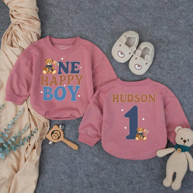 Custom Baby 1st Birthday Bubble Romper with Beary First Teddy Bear Artwork, Matching Family Outfit, Soft Cotton for Cake Smash Photos