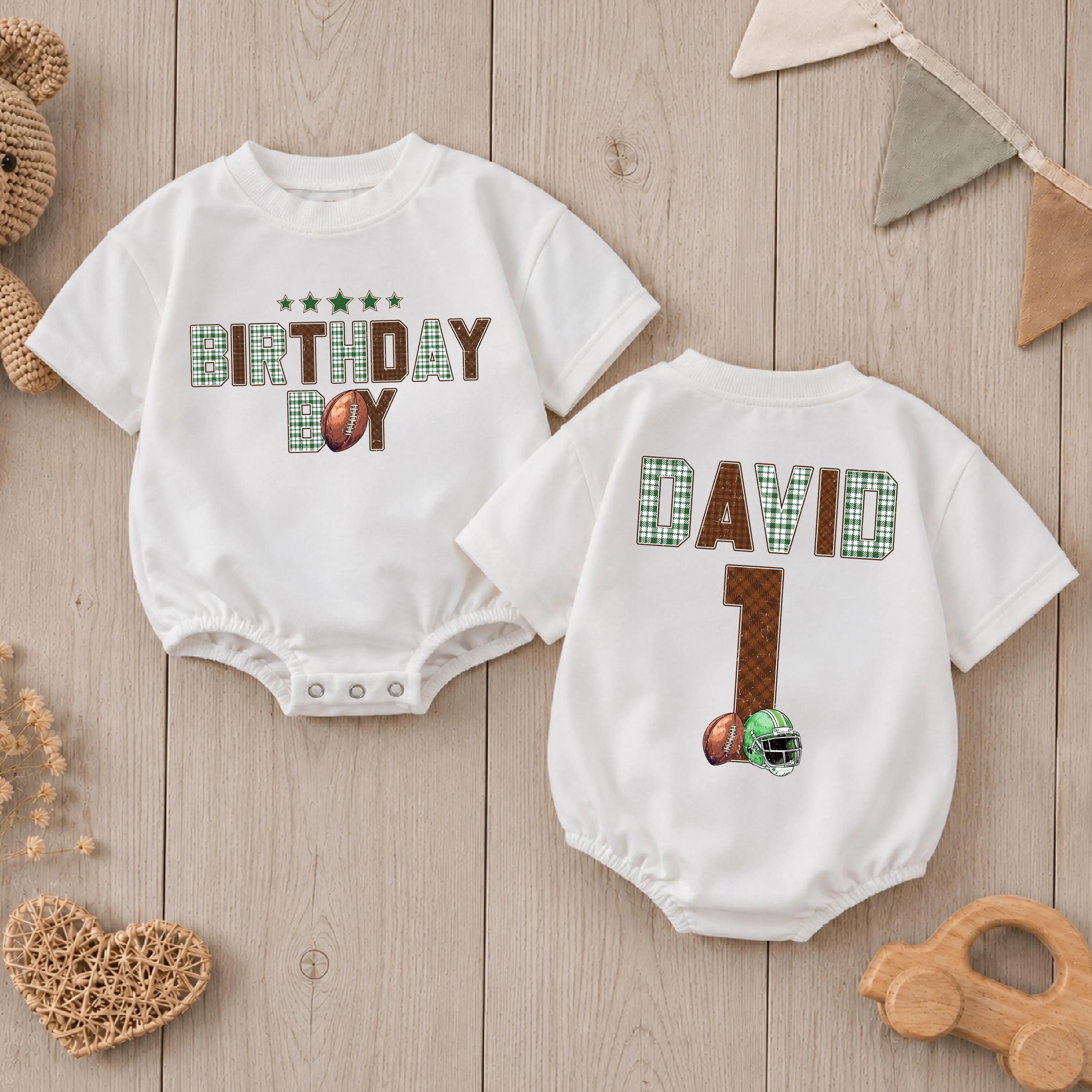 Custom Baby 1st Birthday Football Romper with Name, Retro Plaid Design, Short or Long Sleeve, Cake Smash Outfit, Soft Cotton Material