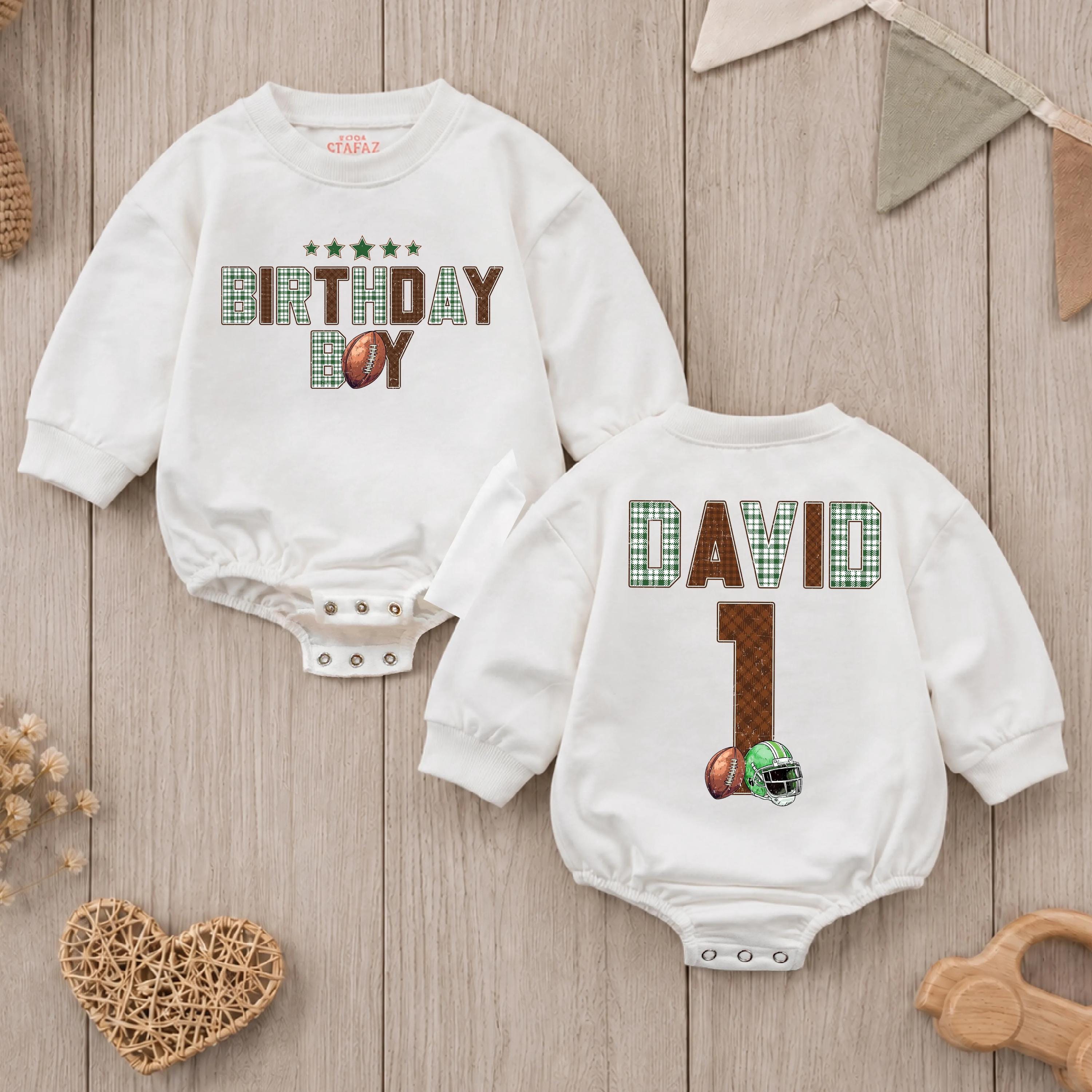 Custom Baby 1st Birthday Football Romper with Name, Retro Plaid Design, Short or Long Sleeve, Cake Smash Outfit, Soft Cotton Material